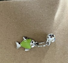 Cat Animal Collar Charm Tag, Green Silver Fish and Jingle Bell w/ Hook to Attach