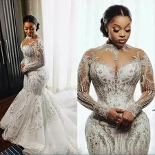 Long Sleeved Mermaid High Neck Wedding Dress with Sequins Lace Decal Bridal Gown