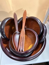 Vintage Mid-Century Hand-Carved Wooden Salad Bowls Set of 8 Artisan Bowls