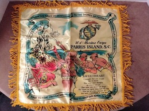 PARRIS ISLAND, SC MARINE CORPS Satin & Fringed VINTAGE Pillow Sham SWEETHEART