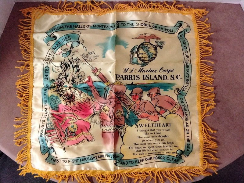 PARRIS ISLAND, SC MARINE CORPS Satin & Fringed VINTAGE Pillow Sham SWEETHEART