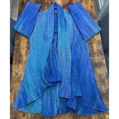 Candiss Cole Hand Woven 100% Silk Open Cardigan Blue Multi Size S Artisan IKAT