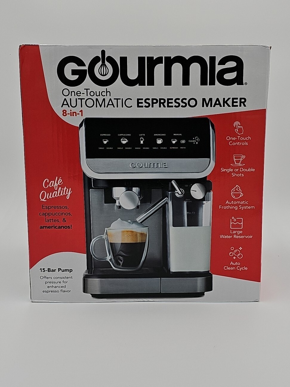 New Gourmia 8-in-1 One-Touch Espresso Maker, Sealed, 15-Bar Pump, Auto Frothing