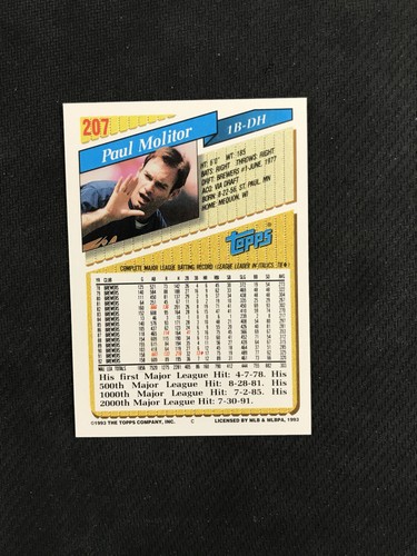 1993 Topps #207 Paul Molitor Gold Milwaukee Brewers - Picture 2 of 2