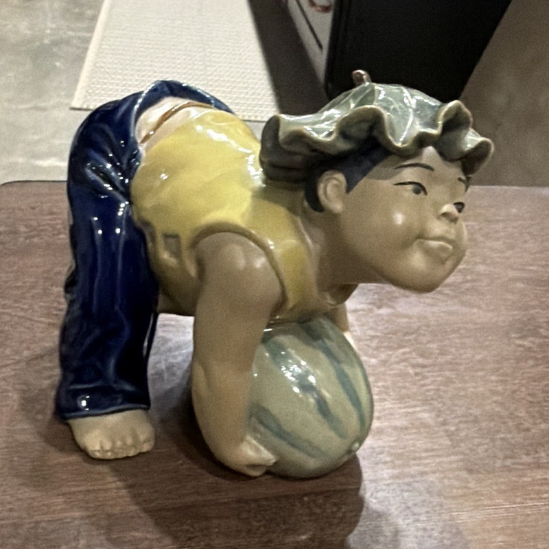Ceramic Crawling Child Figurine with Ball, Multicolor Glossy Finish
