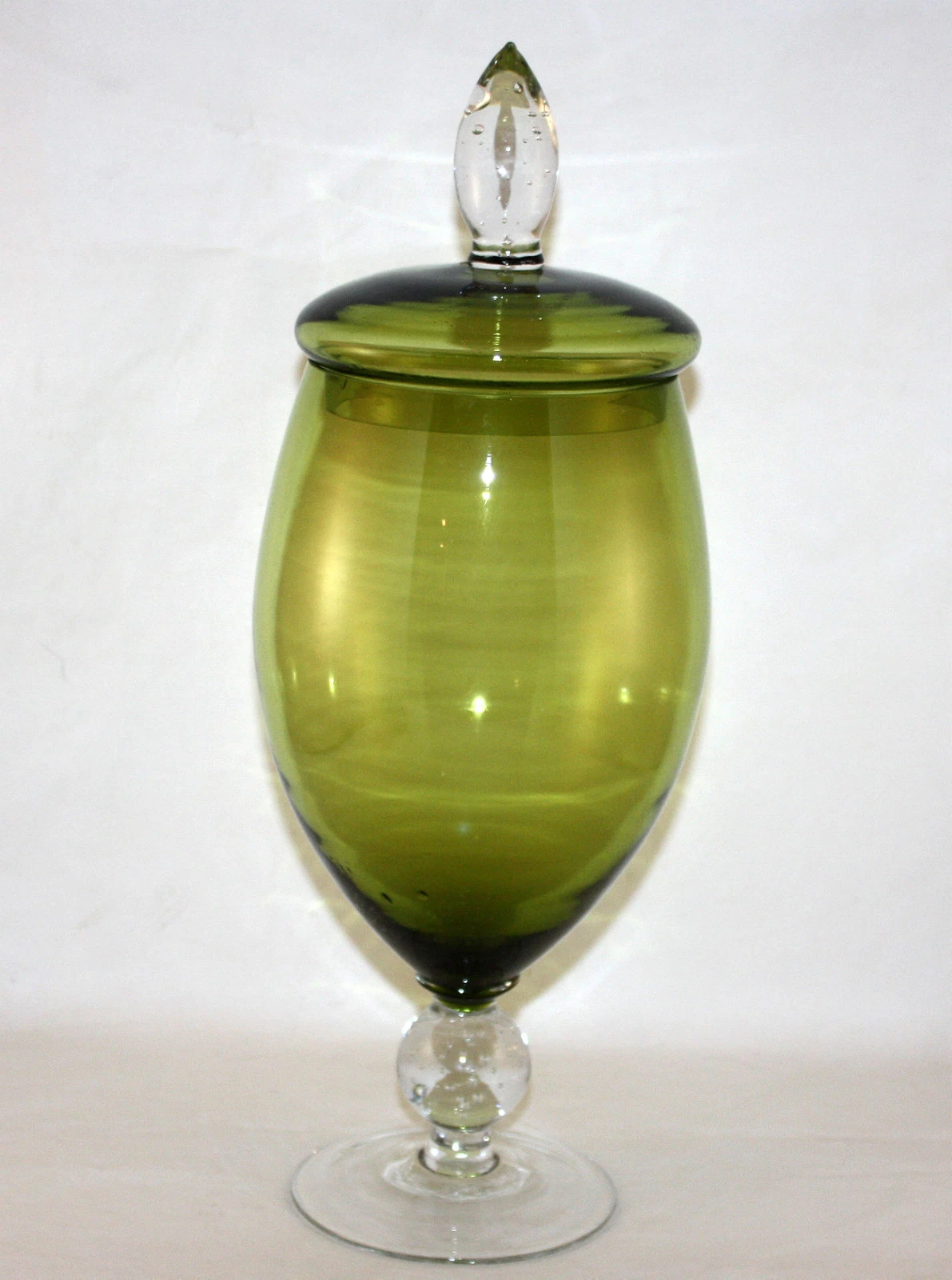 MID CENTURY ITALY LARGE GLASS APOTHECARY JAR CONTROLLED BUBBLE STEM 15"