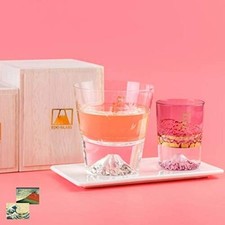 Tajima Glass Mt. Fuji Sakura Rock Glass Gold Leaf Fuji Red Gold Sake Glass JAPAN