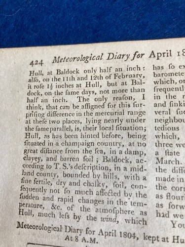 WEATHER DATA COMPARISON HULL / BALDOCK 1804 ABSTRACT SINGLE PAGE - Picture 3 of 14