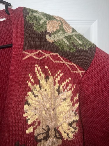 Jantzen Cardigan Sweater Womens Red Hand Embroidered Fall Foliage Pumpkin Floral - Picture 8 of 18