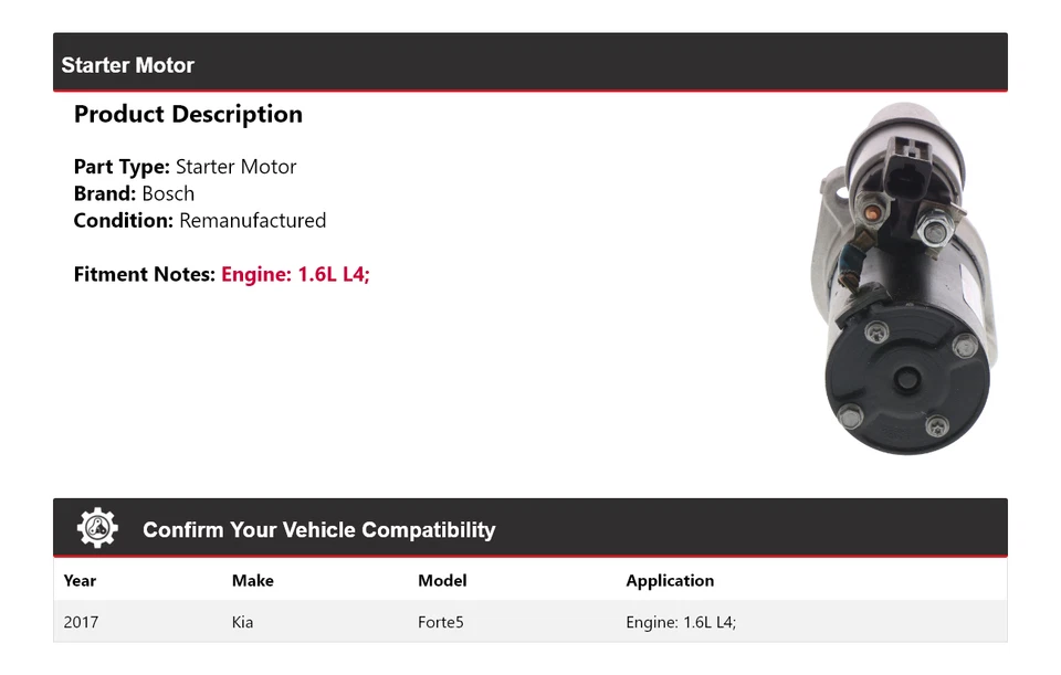 Arranque Bosch para Kia Forte5 2017 1,6 L L4 (remanufacturado) Foto 2 de 4