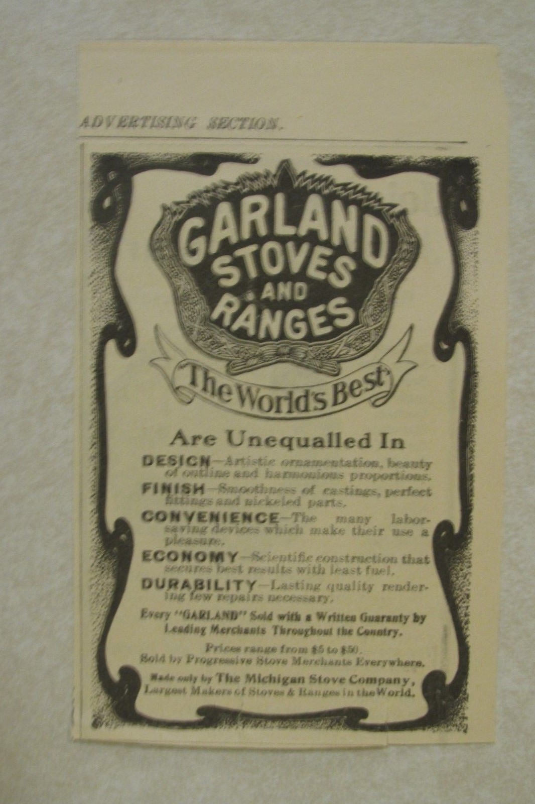 VV32 Advertisement Garland Stoves & Ranges print cutout Michigan Stove