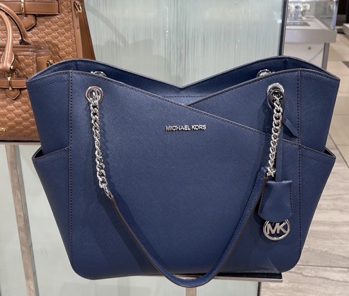 MICHAEL KORS JET SET TRAVEL LARGE X CHAIN SHOULDER TOTE BAG NAVY