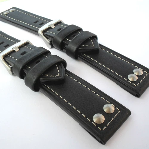 Genuine Calf Leather Watch Strap Black Riveted Military Aviator TW Steel Diesel