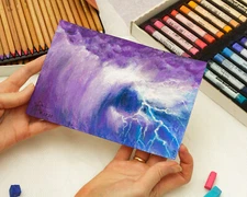 Original Lightning Clouds Storm Watercolor Soft Pastel Painting, Abstraction Art