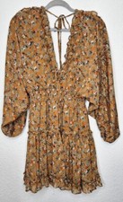 Blush Womens Mini Dress Medium Orange Floral Ruffle Deep V Neck Boho Cottagecore