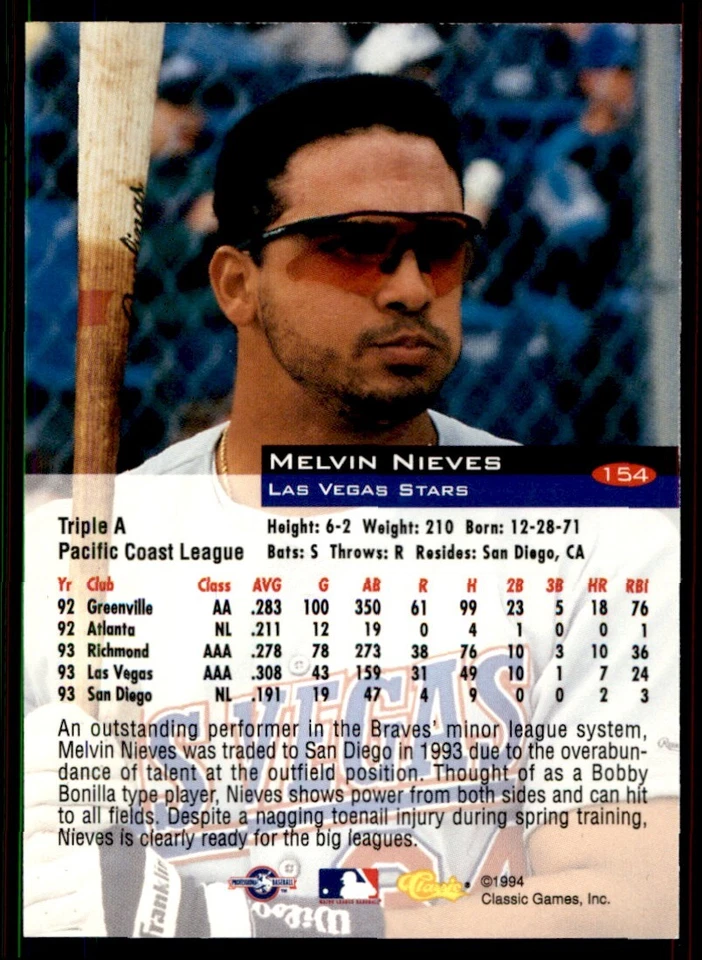 1994 Classic Melvin Nieves Las Vegas Stars #154 - Image 2 of 2