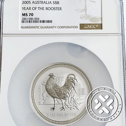 2005 NGC MS70 $8 Australia Lunar Series I Year of the Rooster 5 oz. Silver Coin 