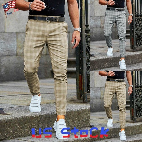 Mens Plaid Check Casual Pants Formal 