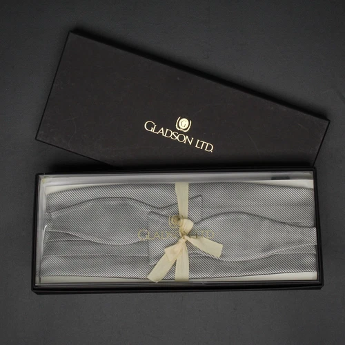 Gladson Mens Silk Bow Tie Cummerbund Box Set Silver Twill Weave Wedding Formal