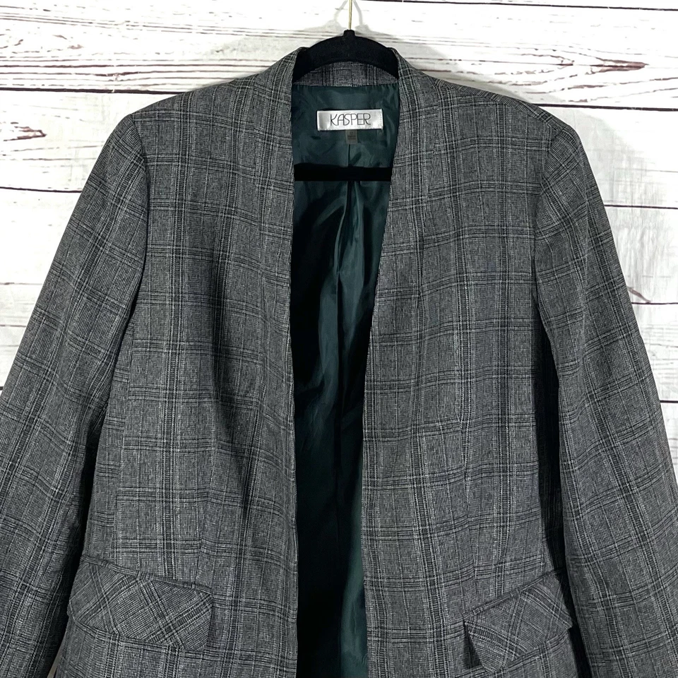 Chaqueta Kasper Mujer’s 12 Gris/Verde Mangas 3/4 Blazer Abierto A Cuadros Foto 2 de 4