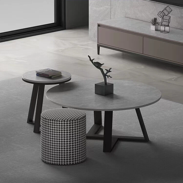 Set of 2 Modern Nesting Coffee Table Round Accent Cafe Table Grey Sintered Stone - Image 3 of 4