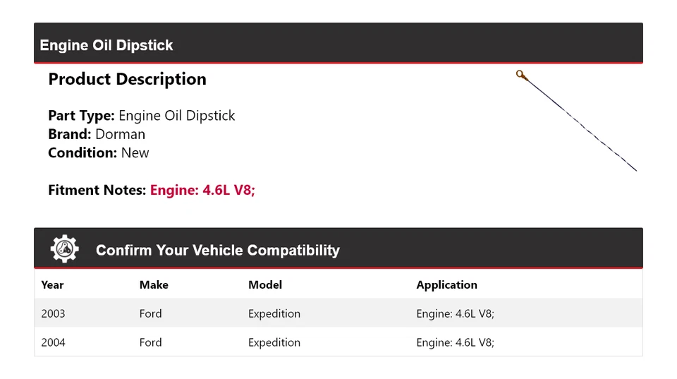Varilla de medición de aceite de motor Dorman V8 4,6 L para Ford Expedition 2003-2004 Foto 2 de 4