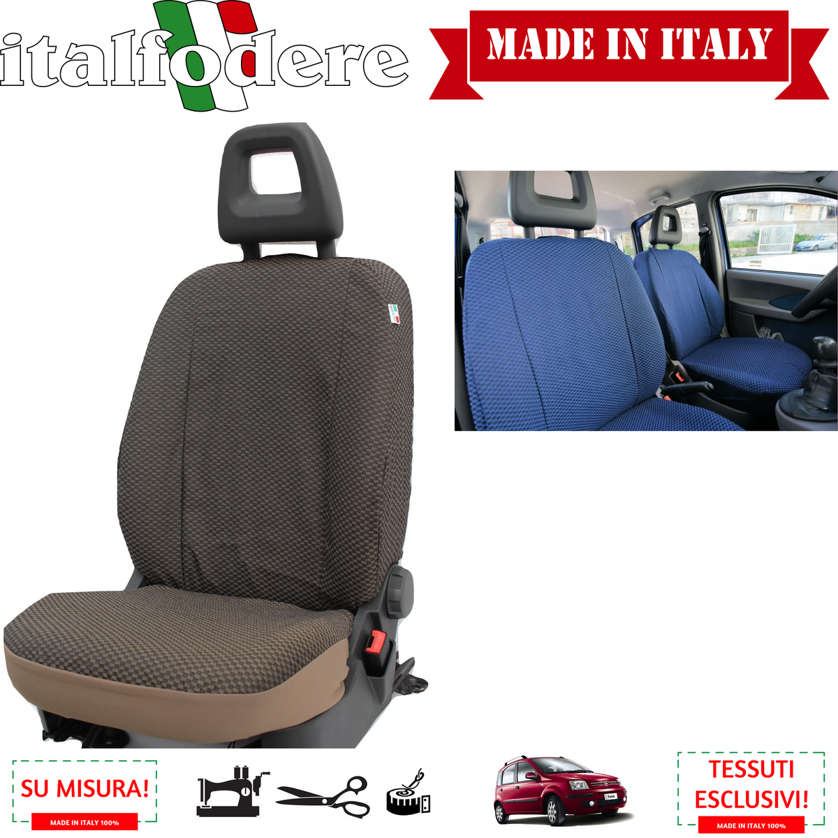 Accessori Fiat Panda Coprisedili Italfodere Per Fiat Panda 2003-2011 - Tessuto Azzurro/Nero, Facili Da Installare Fodere Auto Specifiche