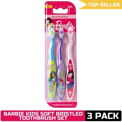 Brush Buddies Barbie Kids Toothbrush 3 Pack, Soft Bristles, Multi-Colored, Fun T