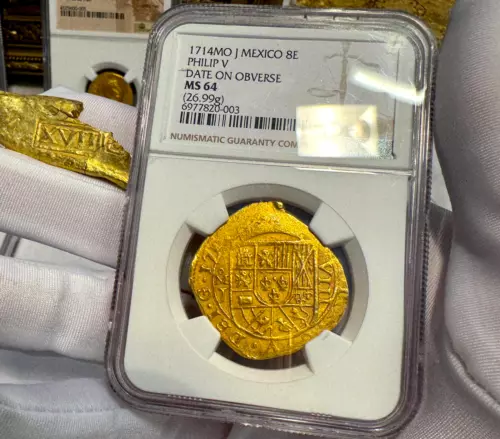 MEXICO 8 ESCUDOS 1714 NGC 64 1715 FLEET SHIPWRECK PIRATE GOLD COINS TREASURE