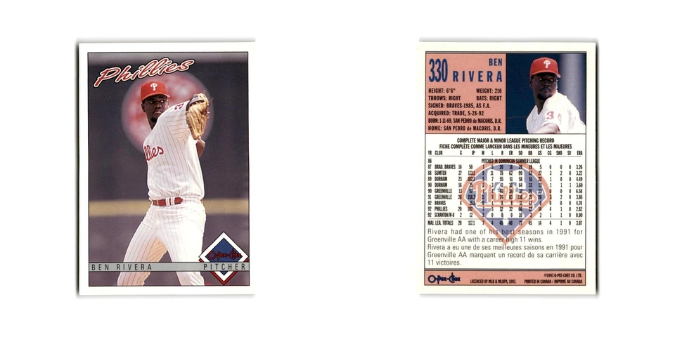 Ben Rivera 1993 O-Pee-Chee #330 Philadelphia Phillies Baseball Card NM - Image 3 of 3