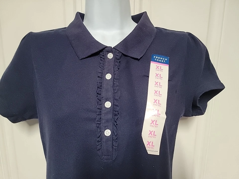 NWT French Toast Girls' Short Sleeve Ruffle Polo Shirt Dress Navy Blue XL-14/16  - Image 2 of 4
