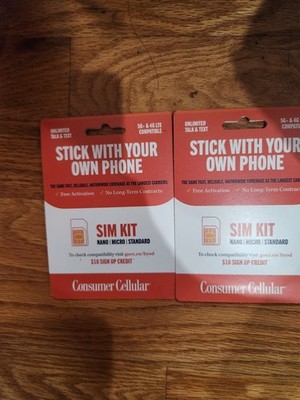 LOT OF 2 X Consumer Cellular All-In-One NANO - MICRO - STANDARD- SIM Cards