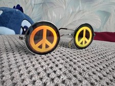 Round Peace Sign hologram sun glasses Gold Green Hippie 1960s