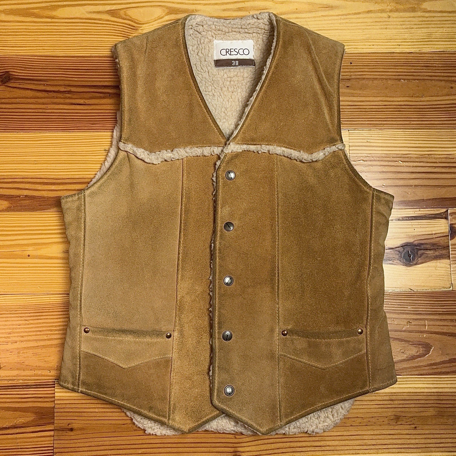 VINTAGE 70s Cresco Rancher Vest Suede Leather Sherpa Lined Western 38