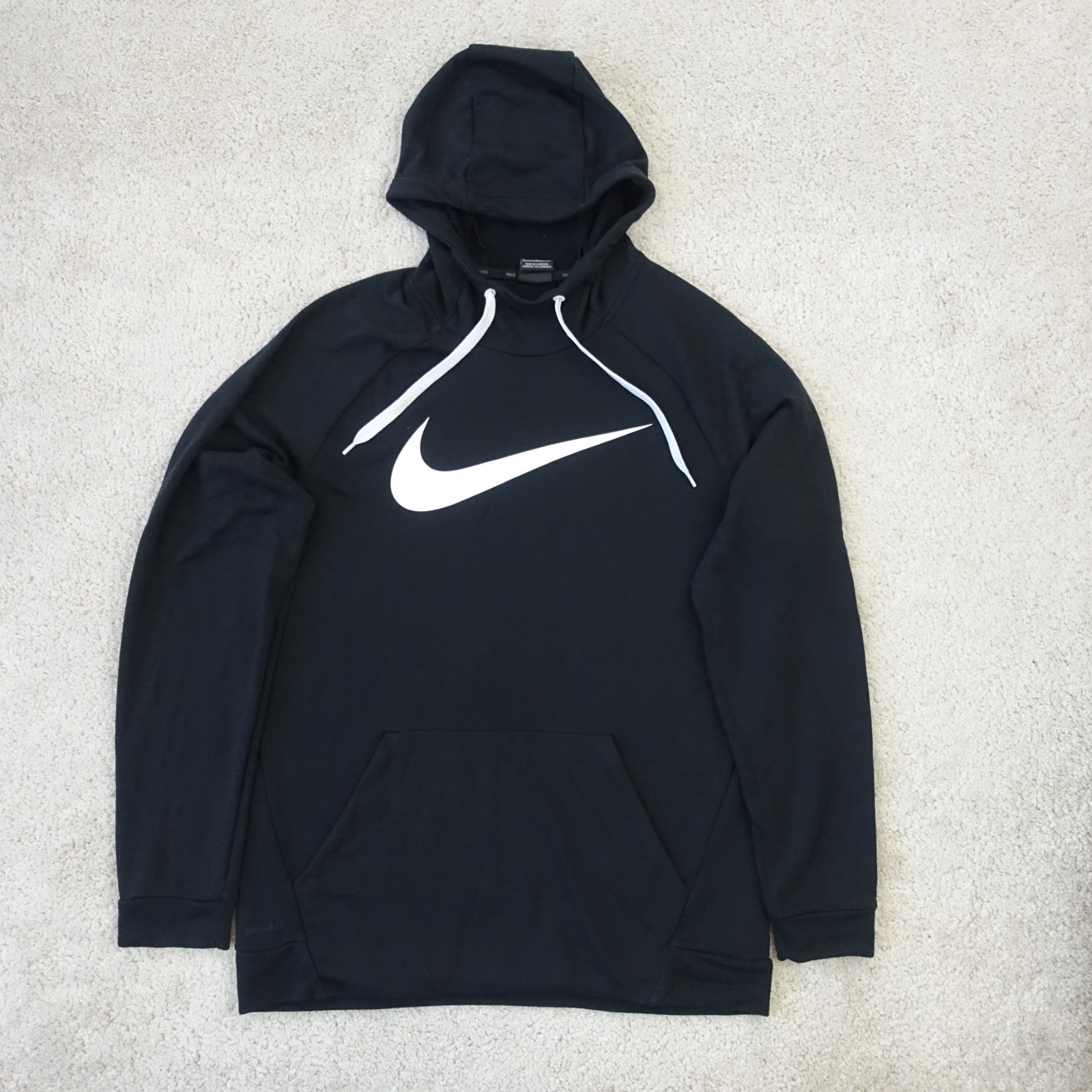 Nike Dri Fit Hoodie Mens Large Black White Swoosh Logo Athleisure Gym Training