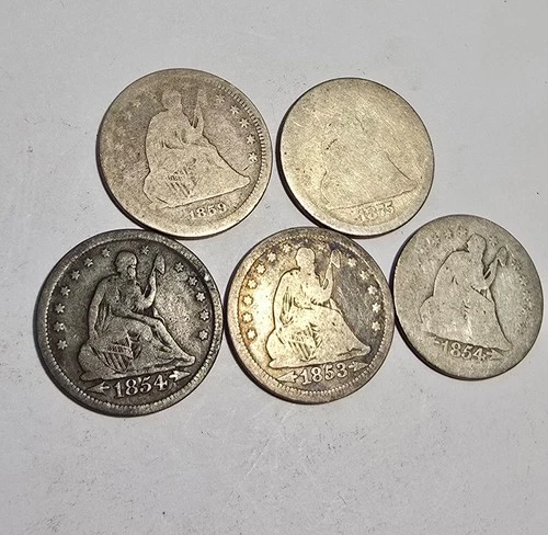1853 arrow/rays 1854 x2 1859 1875 US Seated Liberty Silver Quarters Lot Of 5
