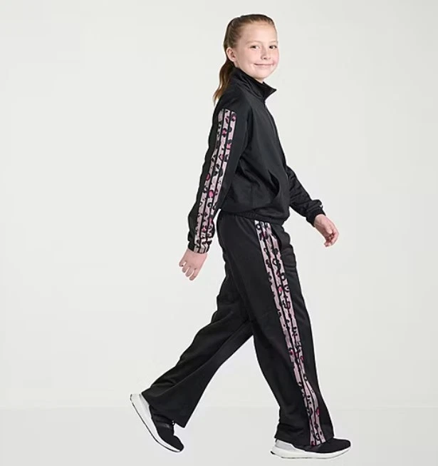 Adidas Girls Track Suit Jacket Pants Black Leopard Pink Size 6X | Ret $52