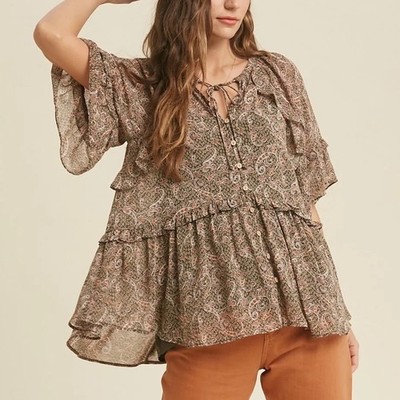 Wishlist Apparel ''Trish'' Babydoll Paisley Top Olive Sheer Ruffle Detail Sz Small