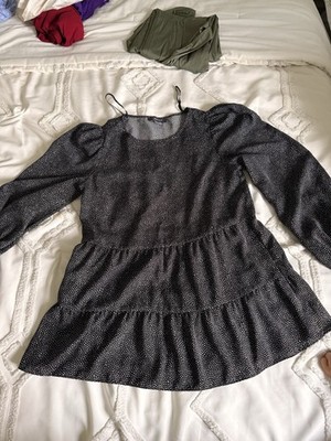 Primark Women's Size 10 Black/White Polka Dot Chiffon Peplum Puff Blouse