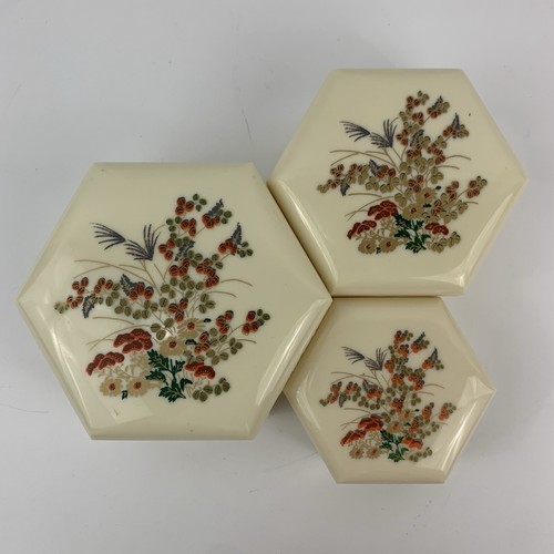Vintage Floral Hexagonal Trinket Nesting Stacking Vanity Boxes Set of 3