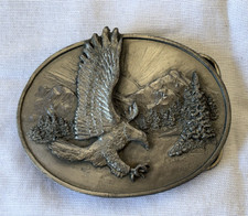Men's Oval Eagle Mountain Scene Silver Tone Metal Western Buckle Fits 1.5in