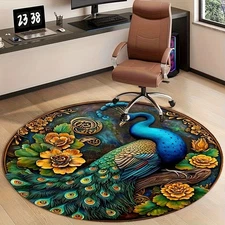 120*120cm Peacock Floral Language Mat, Round Velvet Mat with HD Printed Patterns