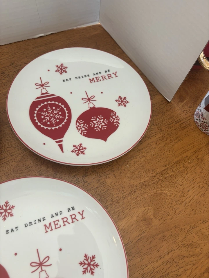 3/Macys /The Cellar Holiday Christmas  Plates 8.75" Mix Mingle Merry Red & White - Image 3 of 4