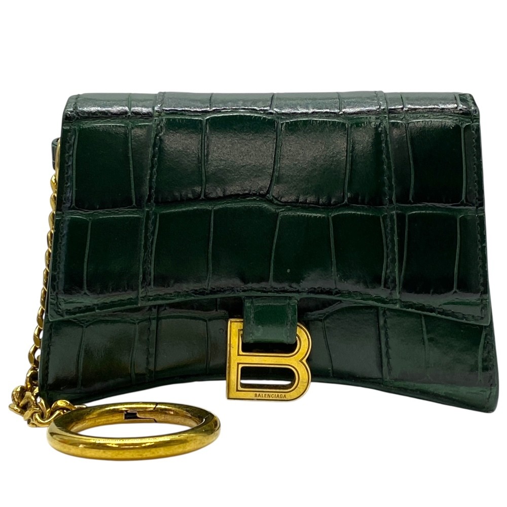BALENCIAGA Hourglass Crocodile Leather Coin Pouch Green Gold Keyring