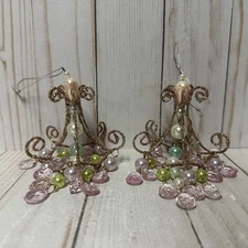 Kurt Adler Christmas Ornament Set of 2 Chandelier Style Gold Pink Green Gems