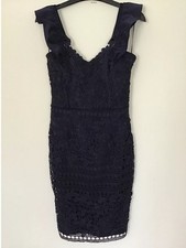 Lipsy Dress Navy Blue Size 10 Crotchet Lace Frill Sleeve  Bodycon New