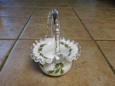 VTG FENTON ART GLASS HOLLY BERRY SILVER CREST MILK WHITE BASKET, SIGNED ,STICKER