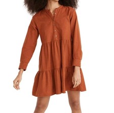 Madewell Flannel Button Placket Tiered Mini Dress - Rust Burnt Orange Sz XS NWT
