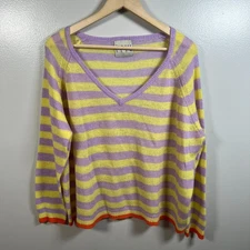 Jumper 1234 Cashmere Sweater Size US 8 Stripes V-neck Pullover Yellow Purple