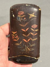 Antique Paper Mache LACQUERWARE painted EYEGLASSES Glasses BOX CASE Flowers Bird